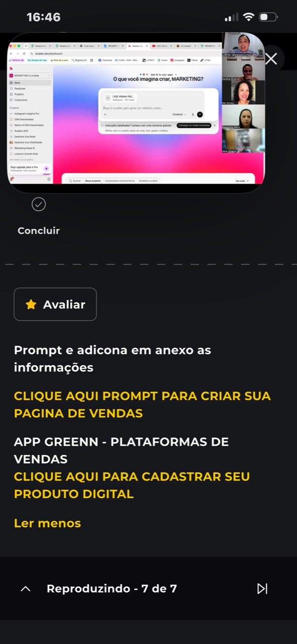 Print da aula com o passo a passo para criar a página de vendas